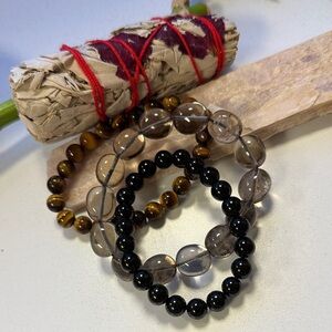 Protection Crystal Bracelet Stack (3pc) | Smoky Quartz, Tourmaline, Tiger's Eye